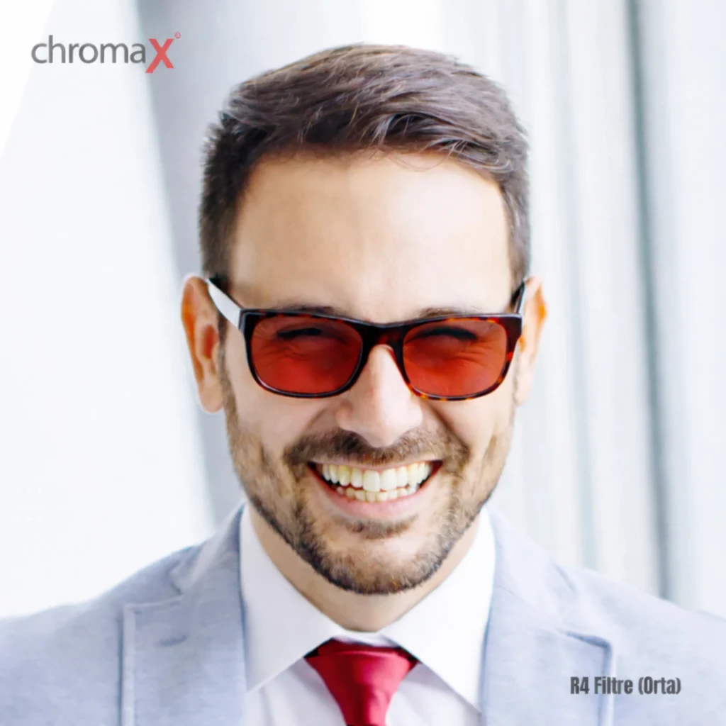 Chromax R4 filtreli renk körlüğü gözlüğü kullanan erkek model, orta seviye deuteranomaly ve protanomaly için