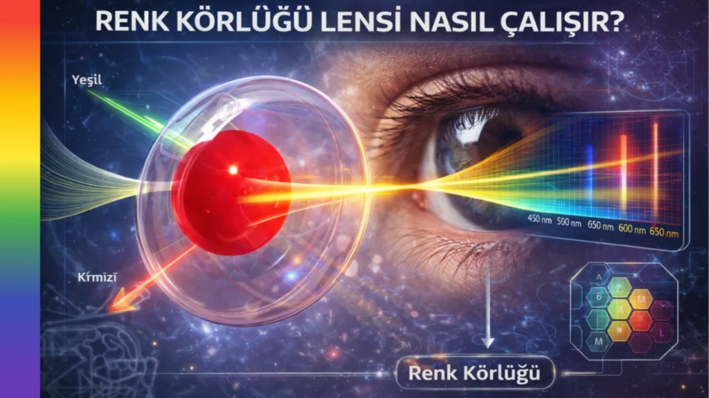 Renk körlüğü lensinin nasıl çalıştığını gösteren teknik görsel: kırmızı filtreli lens, ışık dalga boyları ve gözde renk algısı