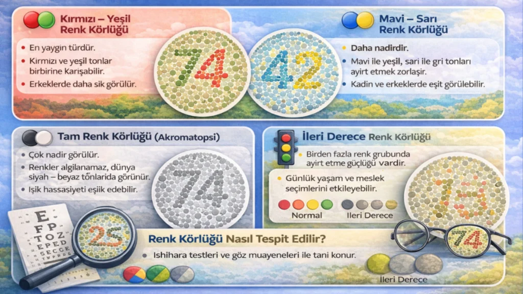 Renk körlüğü türleri: kırmızı-yeşil, mavi-sarı, tam renk körlüğü ve ileri derece renk körlüğünü gösteren yatay infografik