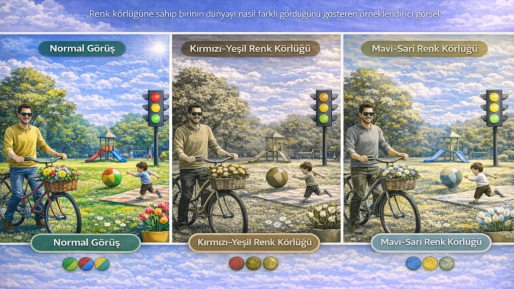 Renk körü bir kişinin etrafı nasıl gördüğünü gösteren yatay görsel: normal görüş, kırmızı-yeşil ve mavi-sarı renk körlüğü karşılaştırması